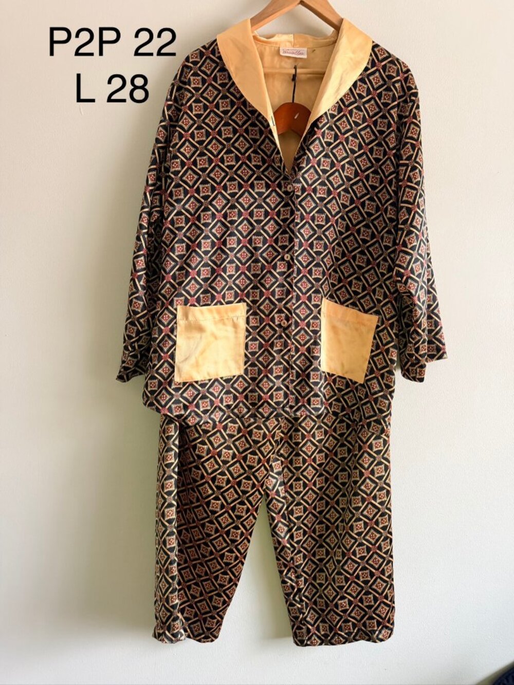 Versailles Vintage L Geometric Satin Pajama Set Top Pants Womens Luxury Satin - Picture 2 of 11